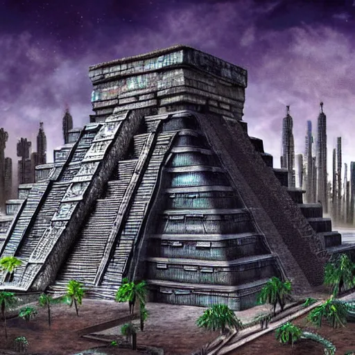 Image similar to Mayan temples merged with cyberpunk futuristic aesthetic 4k highly detailed intricate engravings of esoteric symbols written on the temple