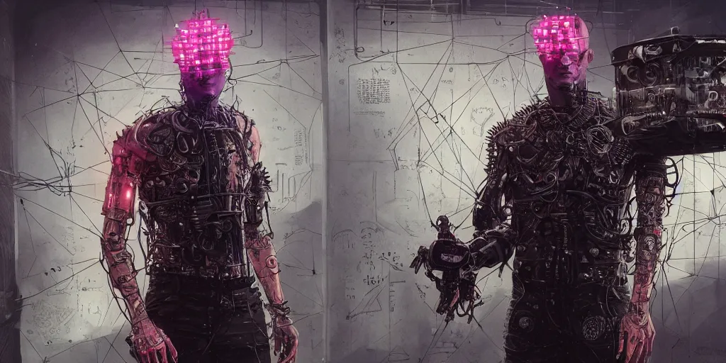 Image similar to four arms futuristic distopic detroy cyberpunk hellraiser tattoo cyborg clean design by apple , character sheet, Moebius, Greg Rutkowski, Zabrocki, Karlkka, Jayison Devadas, Phuoc Quan, trending on Artstation, 8K, ultra wide angle, zenith view, pincushion lens effect.