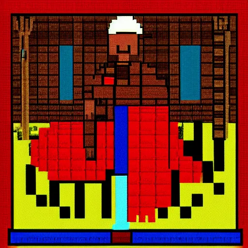 Image similar to pixel art of a farmer in a cathedral holding a red basketball