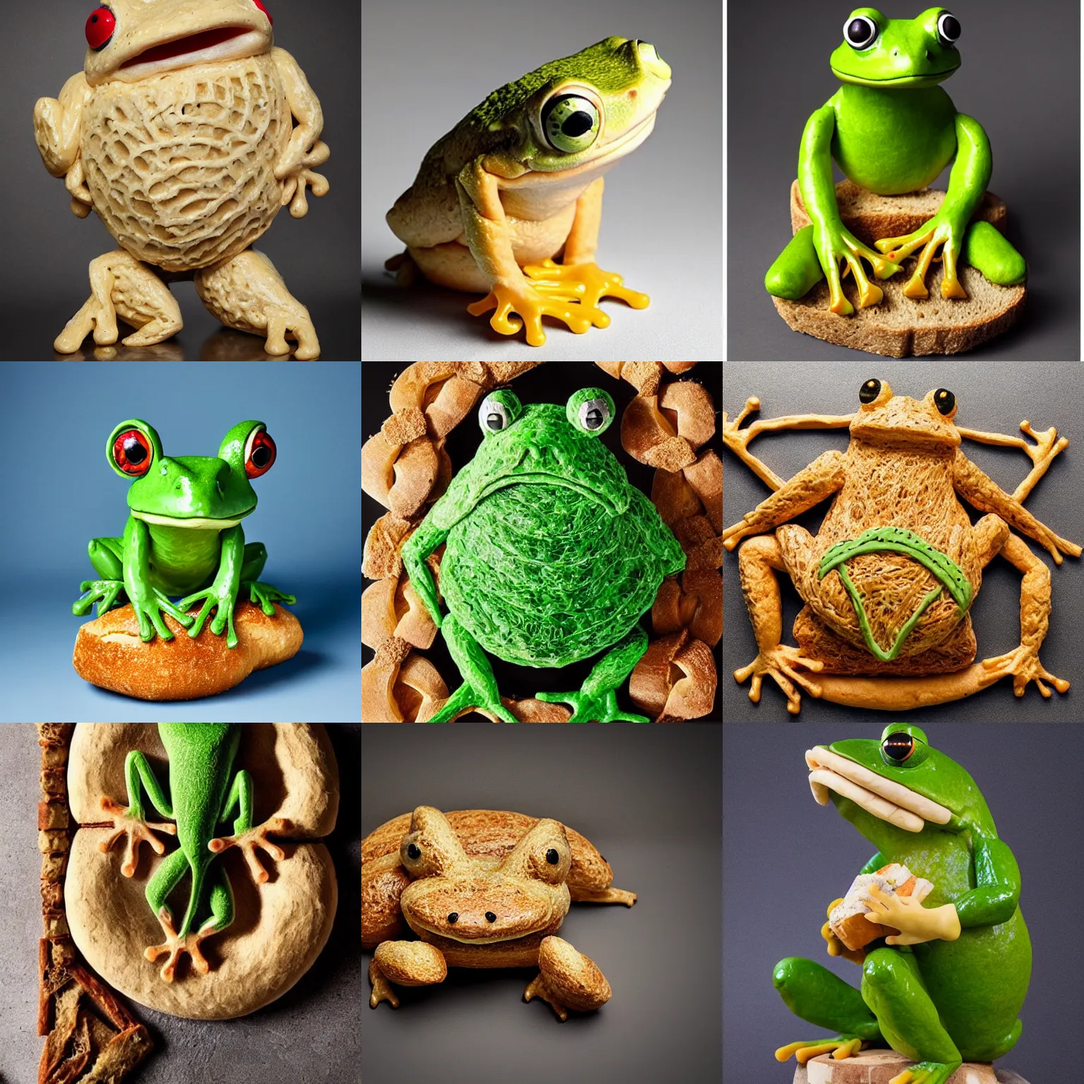 Prompt: an edible ( ( frog ) ) sculpture! made entirely out of bread!!!!!!, no green, food photography, studio lighting, delicious