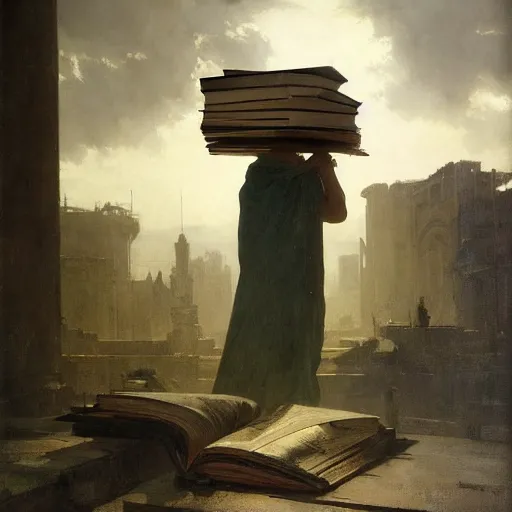 Prompt: half portait of magican wearing a closed cowl with big old book!, jeremy mann, jean leon gerome, tiepolo, alphonse mucha, greg rutkowski, ( ( ruins of ancient rome ) ), at dusk, mysterious atmosphere, sunrays, dof, masterpiece, high detailed, 8 k