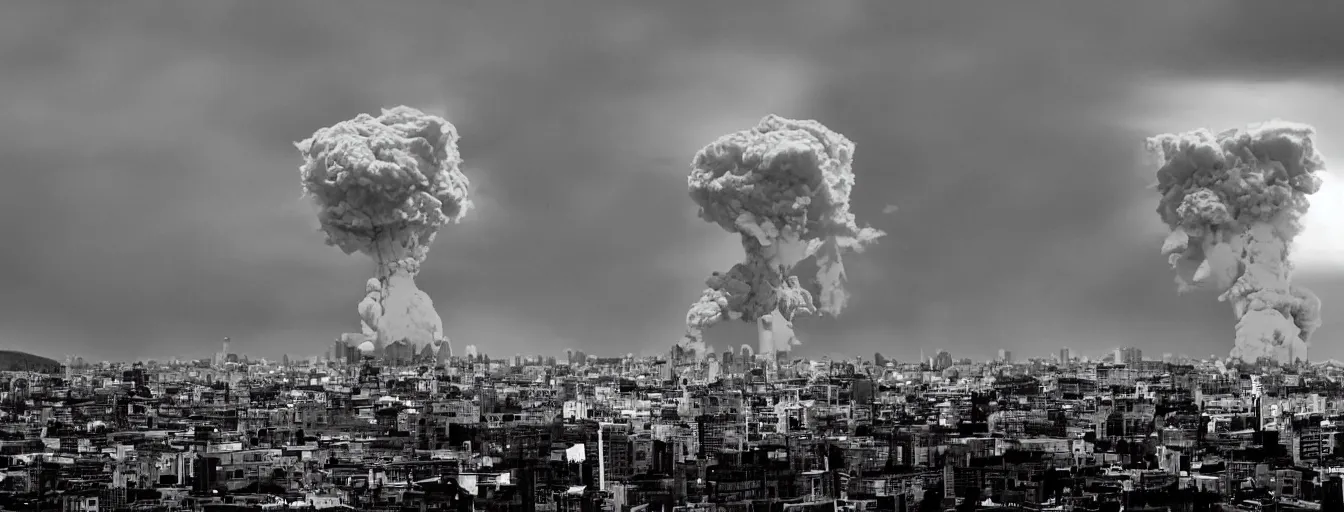 Image similar to end of the world, mushroom cloud in a city