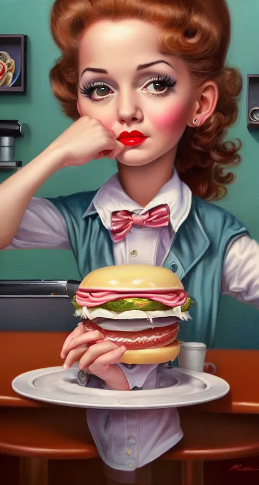 Image similar to closeup profile portrait of a 1 9 5 0 s diner, nicoletta ceccoli, mark ryden, lostfish, max fleischer, hyper realistic, artstation, illustration, digital paint, matte paint, vivid colors, bright, cheerful, detailed and intricate environment