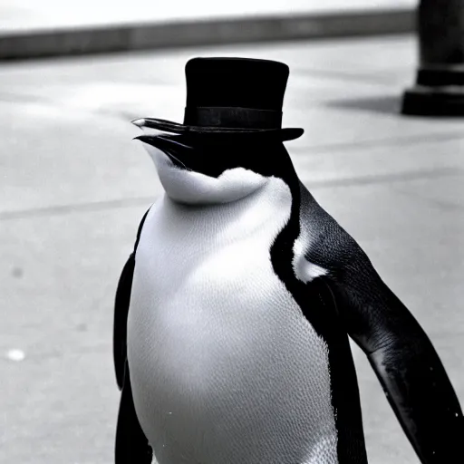 Prompt: A photo of a penguin wearing a conductor's hat at a Chicago train station, 1990, award-winning