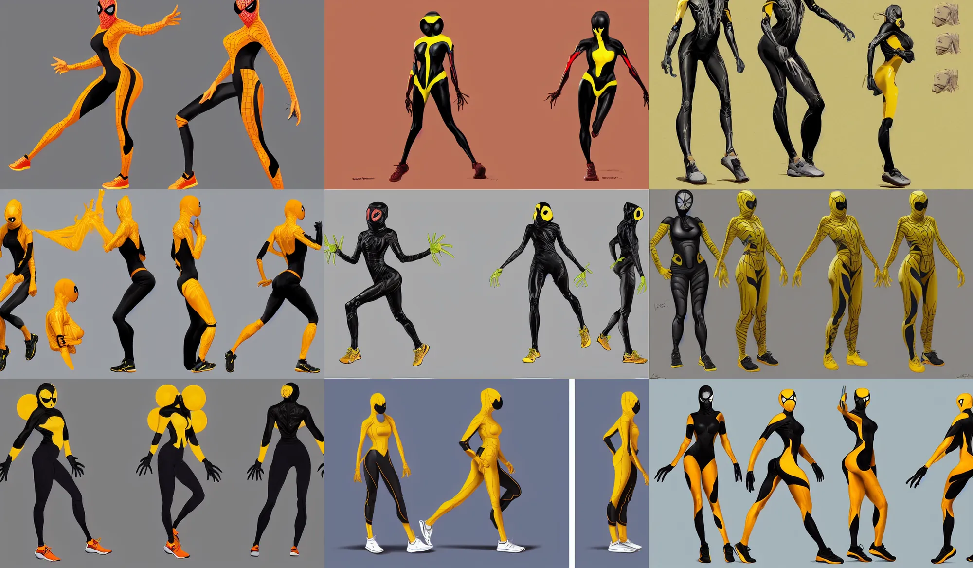 Prompt: full body character turnaround of a woman in an orb weaver spider costume with a full face mask standing in a relaxed pose, running shoes, character sheet, matte painting, spiderwoman!!, john singer sargent, good value control, highly detailed portrait, digital painting, concept art, realistic proportions, realistically proportioned body, illustration, yellow and black color scheme