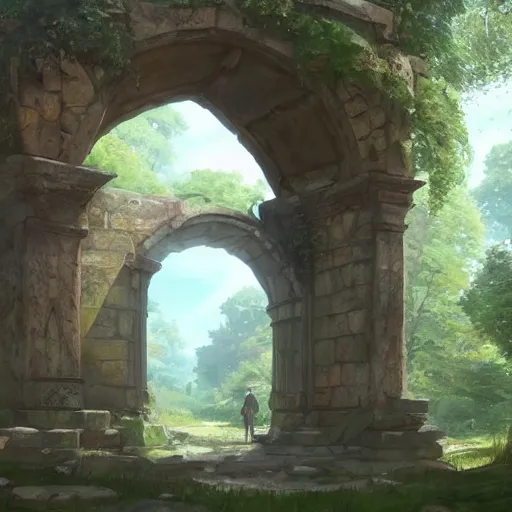 Image similar to concept art painting of an ornate ancient stone archway, in the woods, realistic, detailed, cel shaded, in the style of makoto shinkai and greg rutkowski and james gurney