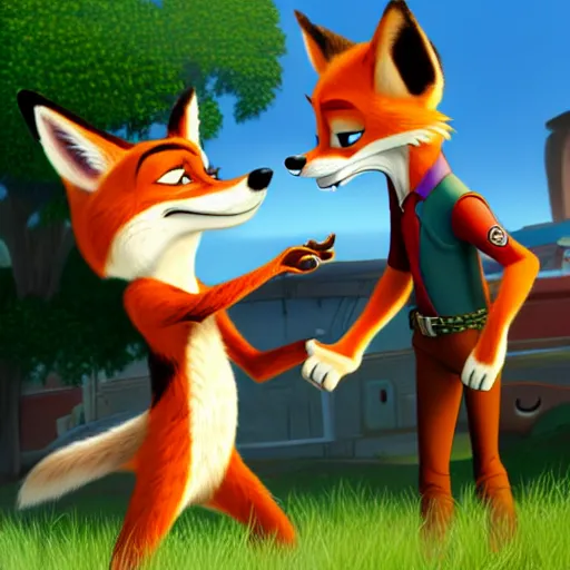 Image similar to Nick Wilde meeting Fox McCloud in Zootopia, deviantart, digital art, highly detailed, 8k