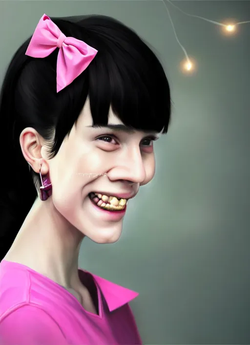 Image similar to portrait of high school girl, realistic, black hair, bangs, half updo hairstyle, pointy nose, skinny, smile, ugly, defined jawline, big chin, pink hair bow, earrings, intricate, elegant, glowing lights, highly detailed, digital painting, artstation, sharp focus, illustration, art by wlop, mars ravelo and greg rutkowski