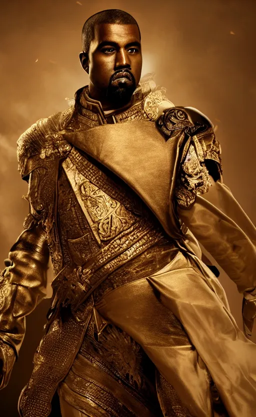 Image similar to Portrait of Kanye West as Emperor Napoleon in Skyrim, splash art, movie still, cinematic lighting, dramatic, octane render, long lens, shallow depth of field, bokeh, anamorphic lens flare, 8k, hyper detailed, 35mm film grain