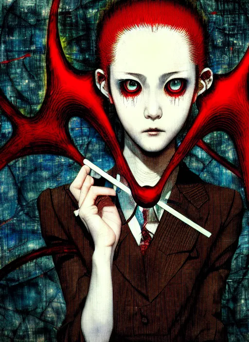 Image similar to yoshitaka amano blurred and dreamy realistic three quarter angle horror portrait of a sinister young woman with short hair, horns and red eyes wearing office suit with tie, junji ito abstract patterns in the background, satoshi kon anime, noisy film grain effect, highly detailed, renaissance oil painting, weird portrait angle, blurred lost edges