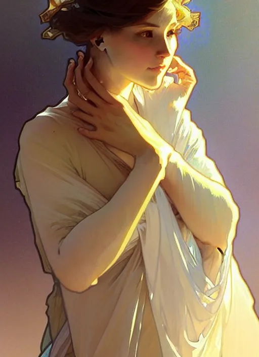 Image similar to digital character concept art by artgerm greg rutkowski alphonse mucha. clear portrait of a shy modern wife blessed by god to grow immaculately fertile and perfect!! blonde, in clothes! holy body! light effect. hyper detailed, glowing lights!! intricate, elegant, digital painting, artstation, smooth, sharp focus