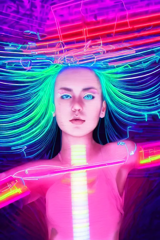 Image similar to a award winning half body portrait of a beautiful woman with stunning eyes in a croptop and cargo pants with rainbow colored ombre hairstyle head in motion and hair flying by thomas danthony, outlined by whirling illuminated neon lines, microphone, outrun, vaporware, shaded flat illustration, digital art, trending on artstation, highly detailed, fine detail, intricate