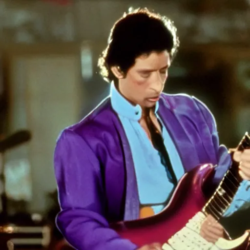 Image similar to screenshot of prince charles playing guitar in the movie purple rain
