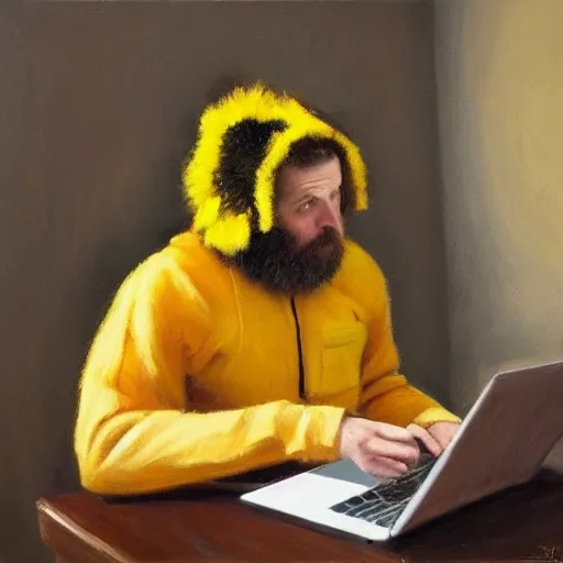 Image similar to tired man in a bumblebee costume drinks coffee in front of a laptop, highly detailed, masterpiece, alla prima, oil on canvas