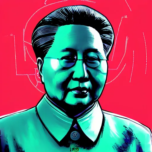 Image similar to cyberpunk mao zedong as the leader of a futuristic communist society, cybernetics, sharp lines, digital, artstation, colored in