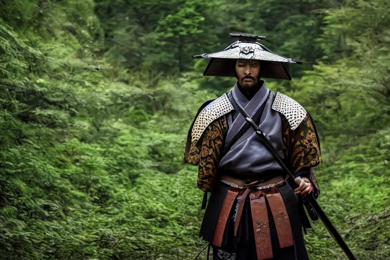 Prompt: A medium shot photo of a samurai warrior standing with a katana in his hands in an overgrown ancient valley, cinematic, shallow depth of field