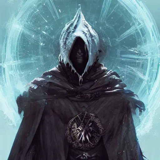 Image similar to hooded witch hunter frost mage ice wizard cold sorcerer portrait render unreal engine illustration, stephan matiniere, anato finnstark, yoshitaka amano, akihiko yoshida, takato yamamoto, ismail inceoglu, shingo matsunuma.