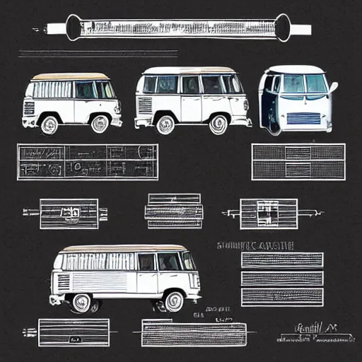 Image similar to detailed schematic for a vw vanagon with rocket engines, faded parchment, aged, descriptions, highly detailed, 8 k,