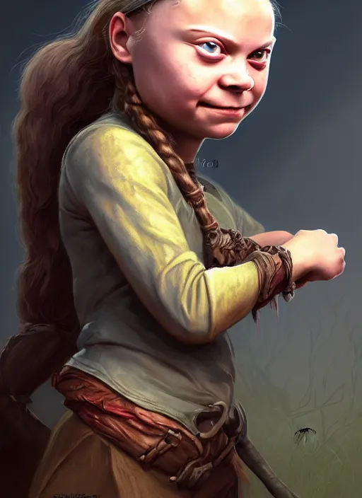 Image similar to portrait of greta thunberg as a medieval goblin girl, beautiful face, hyper realistic, highly detailed, digital painting, artstation, illustration, concept art by hyung tae and frank frazetta, digital paint, matte paint, washed colors, dark, gloomy