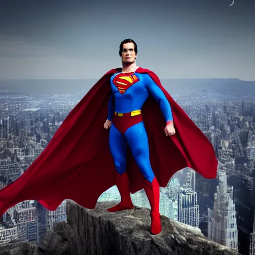 Image similar to Incredible cinematic realistic image of Henry Cavill dressing up the cape as Superman at top of empire state, trending on artstation, matte painting, hyper realistic, unreal engine render