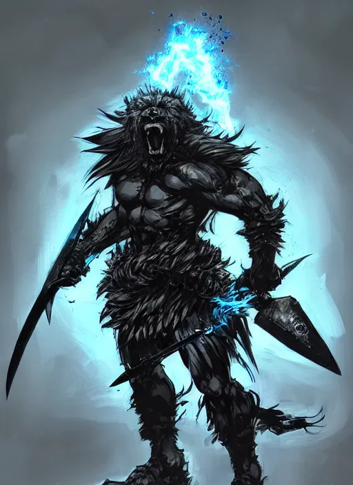 Image similar to Full body portrait of giant old gnoll warrior with a giant black blade, emanating with blue aura. In style of Yoji Shinkawa and Hyung-tae Kim, trending on ArtStation, dark fantasy, great composition, concept art, highly detailed, dynamic pose.