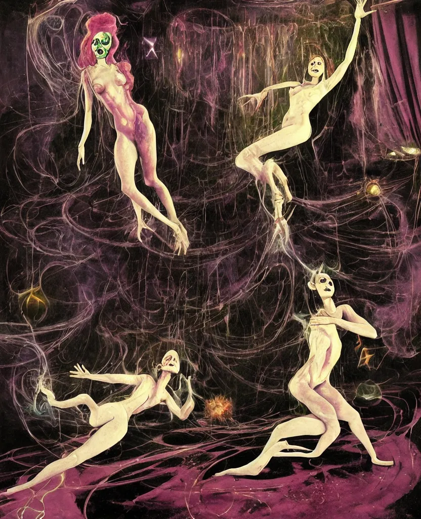 Prompt: Realistic detailed image of one woman sirene bouncing in a living room of a house, floating dark energy surrounds the middle of the room. There is one living room plant to the side of the room, surrounded by a background of dark cyber mystic alchemical transmutation heavenless realm, cover artwork by francis bacon and Jenny seville, midnight hour, part by adrian ghenie, part by jeffrey smith, part by josan gonzales, part by norman rockwell, part by phil hale, part by kim dorland, artstation, highly detailed