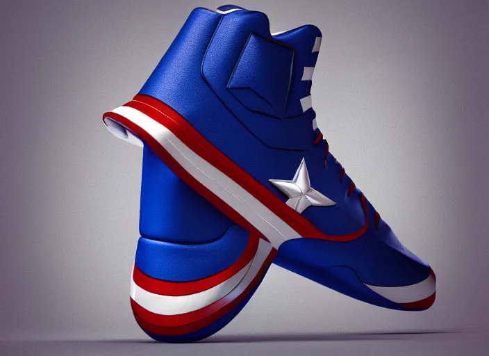 Image similar to basketball sneakers concept of captain america, picture by tim burton, render, cinema 4 d, octane render