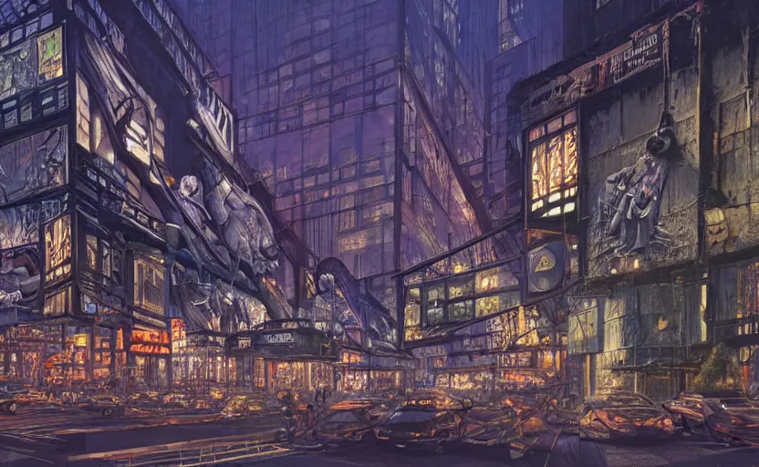 Prompt: a brutalist streetcorner environment, large crowd, elaborate, highly detailed, glass panes, billboards, glowing lights, soft lighting, photorealism, unreal engine, art by michael whelan and chris moore and howard david johnson and tim white and dan giancola