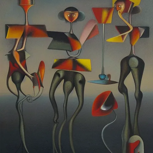 Prompt: Oil painting by Yves Tanguy. Mechanical gods with bird faces kissing. Oil painting by Lisa Yuskavage.