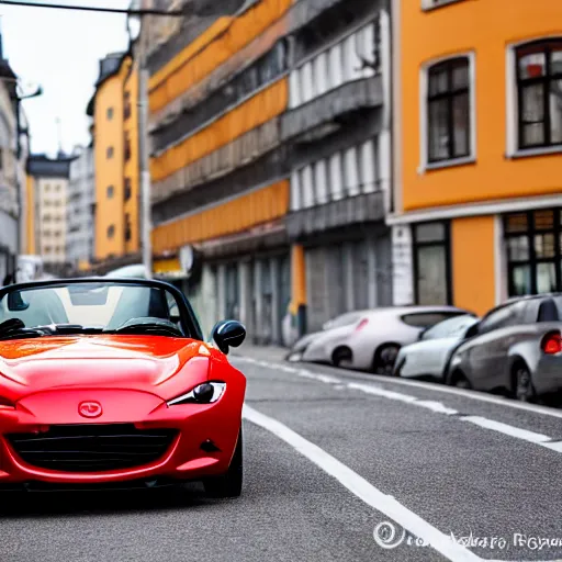 Image similar to a photograph of a rabbit driving a red mazda mx-5 on a street in Stockholm, iso 400