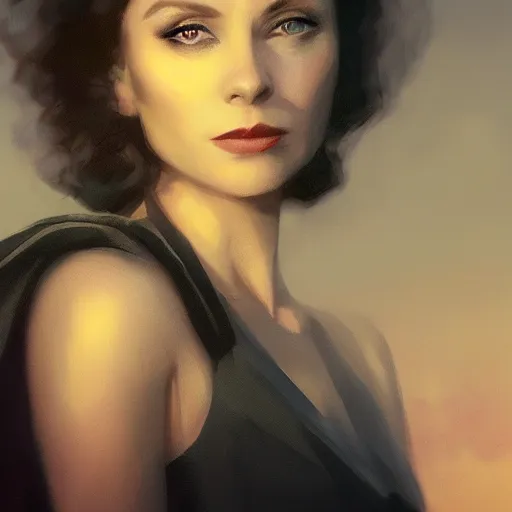 Image similar to a closeup portrait of a young beautiful vivian leigh, lake background, gorgeous view, sunset, film noir, serene, depth, by greg rutkowski, digital art, trending on artstation