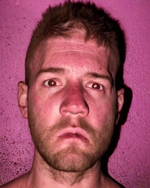 Prompt: prison mugshot of real - life patrick, bright flash, shirtless, saturated pink skin, starfish, low saturation, somber expression, filthy hair, rugged textured face, soft vignette, soft focus, 5 0 mm, 4 k, nypd