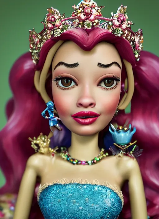 Image similar to closeup face profile portrait of tin toy sylvia sims as a fairytale princess wearing a crown eating cakes, bikini, depth of field, zeiss lens, detailed, symmetrical, centered, fashion photoshoot, by nicoletta ceccoli, mark ryden, lostfish, breathtaking, 8 k resolution, extremely detailed, beautiful, establishing shot, artistic, hyperrealistic, octane render