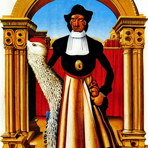 Image similar to portrait of an anthropomorphic ostrich dressed as an italian king, sandro bottecelli, 1 5 0 0