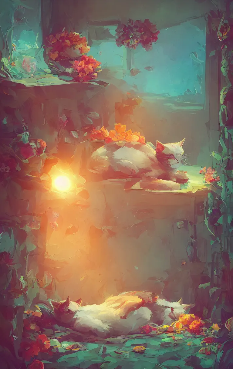 Image similar to a digital art of a cat sleeping in the room with flowers around in the afternoon, the sun shines in, animal, light effect, highly detailed, by anton fadeev