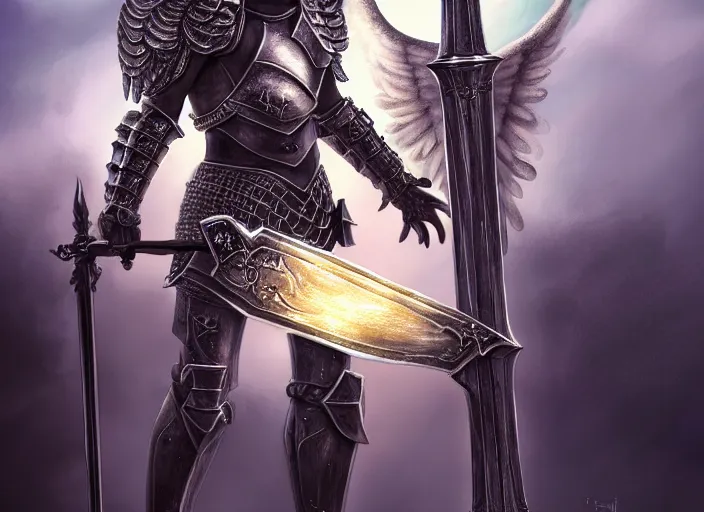 Prompt: a digital painting of an angel in armor in armor in armor holding two swords, a digital rendering by jan tengnagel, fantasy art, deviantart uhd, deviantart, apocalypse art, ray tracing, highly detailed, high quality, 8 k resolution