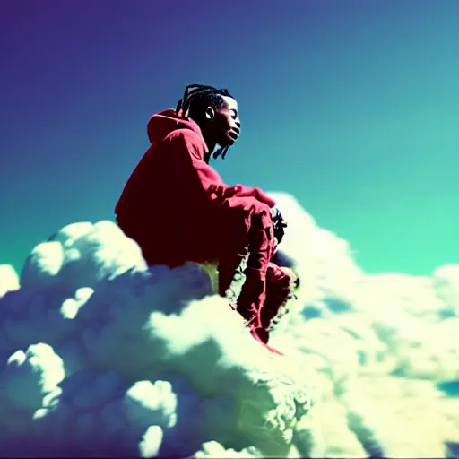 Image similar to Travis Scott sitting on a cloud over Earth, 4k, Aubrey Powell, vintage photo, beautiful cinematography, surreal, film grain