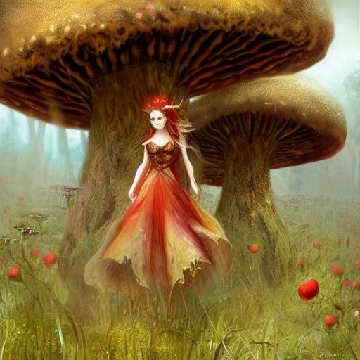 Prompt: a very cute faerie queen in a amanatia muscaria mushroom field, epic fantasy style art by Craig Mullins, fantasy epic digital art, epic fantasy card game art by Greg Rutkowski