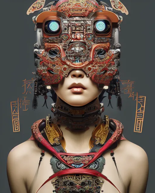 Image similar to portrait of a cyberpunk machine, machine face, upper half portrait, decorated with chinese opera motifs, asian, fine china, wuxia, traditional chinese art, intricate, elegant, highly detailed, symmetry, headpiece, digital painting, artstation concept art smooth sharp focus, illustration, art by artgerm and greg rutkowski alphonse mucha 8 k