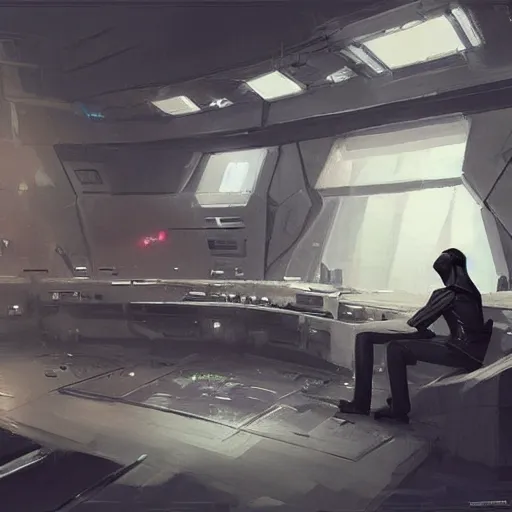 Image similar to concept art by greg rutkowski, a very tall, and slender man with short black hair, sitting with the crew in the ship's control room, brutalist futuristic interior, dark lighting atmosphere, detailed portraits, nostalgic atmosphere, scifi, digital painting, artstation, concept art, smooth, sharp foccus ilustration, artstation hq