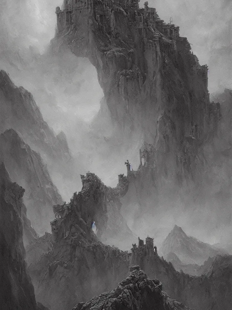 Prompt: painting of a lovecraftian deity descending from the sky into a ruined mountainside palace, grimy, gritty, trending on artstation, award winning painting, classic, masterpiece, art by zdzisław beksinski and bayard wu and wayne barlowe