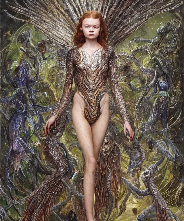 Prompt: a portrait photograph of a fierce sadie sink as a strong alien harpy queen with amphibian skin. she is dressed in a woven lace shiny metal slimy organic membrane catsuit and transforming into a insectoid snake bird. by donato giancola, walton ford, ernst haeckel, peter mohrbacher, hr giger. 8 k, cgsociety, fashion editorial