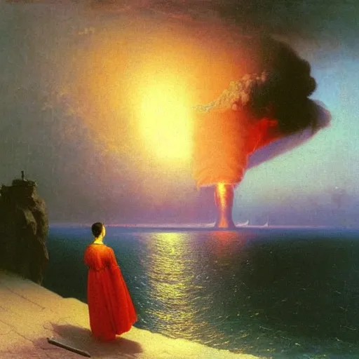 Image similar to beautiful young woman looking at giant nuclear explosion, artwork by Aivazovsky, Ivan