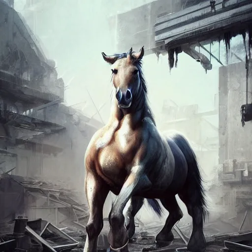 Prompt: splash art of a titanically muscular anthro horse with a magnificently massive physique wearing a tight kevlar standing in the ruins of a facility, equine, highly detailed, digital painting, artstation, sharp focus, game art, concept art, illustration, art by artgerm, greg rutkowski, wlop