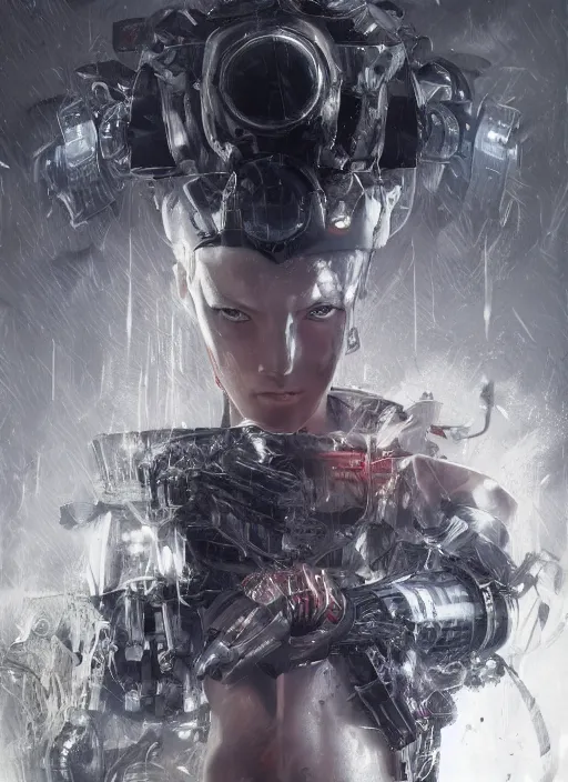 Image similar to Ultra realistic centered shot portrait of a female cyborg, cyberpunk, sci-fi fantasy, dramatic lighting, cinematic, establishing shot, extremely high detail, cinematic lighting, by Yoshitaka Amano, Ruan Jia, Kentaro Miura, Artgerm, post processed, concept art, artstation, style by eddie mendoza, raphael lacoste, alex ross, 8K, unreal engine