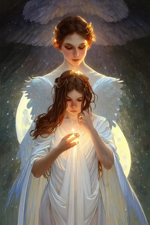 Image similar to Angels in white gauze dresses, the glow of the moonlight, fantasy, intricate, elegant, highly detailed, digital painting, artstation, concept art, matte, sharp focus, illustration, art by Artgerm and Greg Rutkowski and Alphonse Mucha