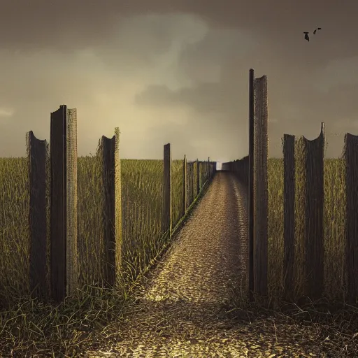 Prompt: an endless very tall fence, in a field, birds, dystopian, grim, dark, masterpiece oil painting, octane render, by barlowe, 4 k