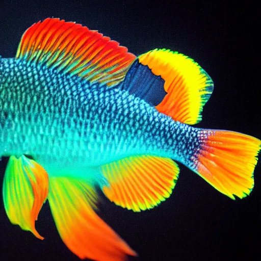 Prompt: a beautiful richly colored beta fish on a black background surrounded by black water