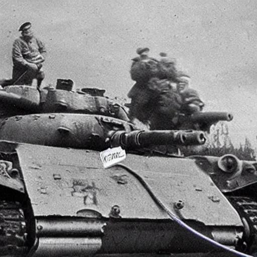 Image similar to old photograph of fat cat driving a world war 2 tank