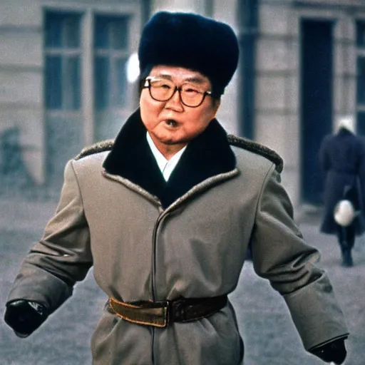 Prompt: filmstill of Kim Jong-il wearing a chapka in the role of Doctor Zhivago by David Lean, 1965, cinemascope, Eastman Color Negative 50T 5251 Neg. Film, epic romance